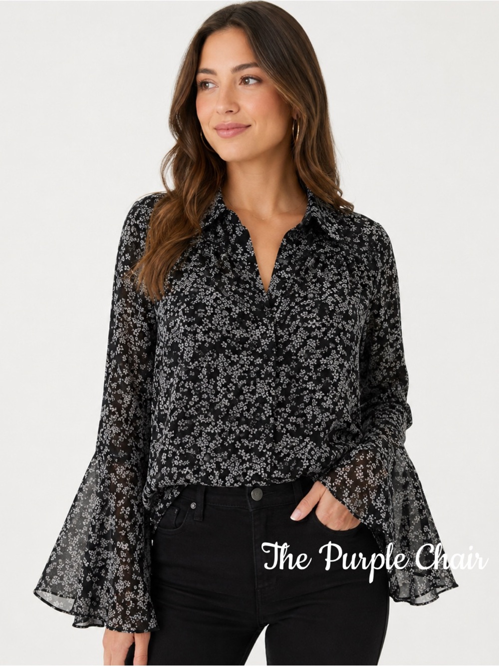 DRESS FORUM NWT Black/White Floral Long Flared Bell Sleeve Button Down Top L